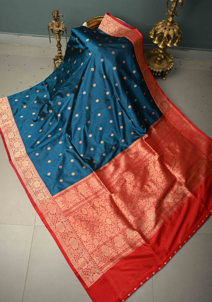 Prussian Blue Banarasi Katan Silk Saree with Floral Zari Buttas and Contrast Zari Border | SILK MARK CERTIFIED | SHOBITAM