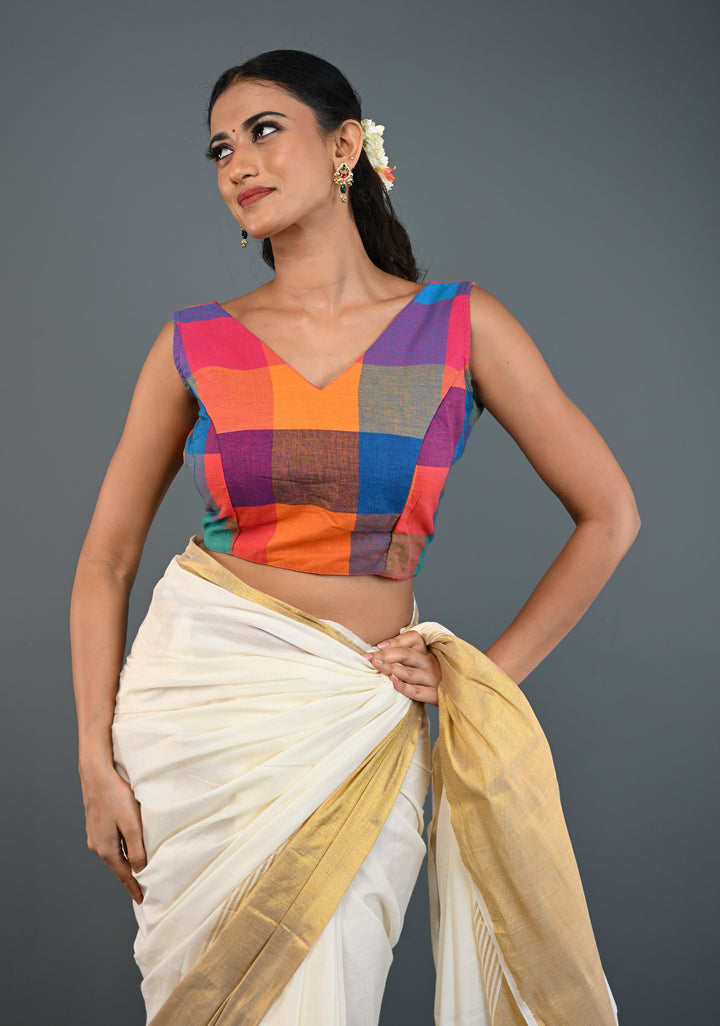 Multicolor Checks Madras Cotton Blouse with V Neck and Back Tassels, Customizable, Made to Order