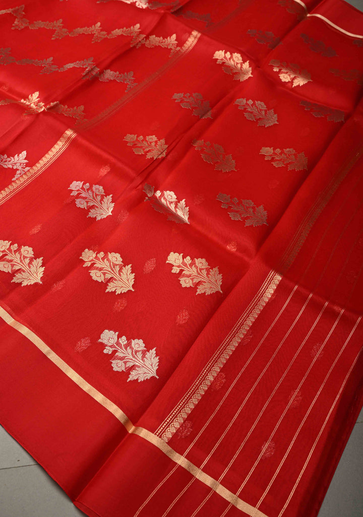 Bright Red Pure Banarasi Kora Silk Saree with Sona Rupa Leheria Design and Minimal Zari Border | SILK MARK CERTIFIED | SHOBITAM