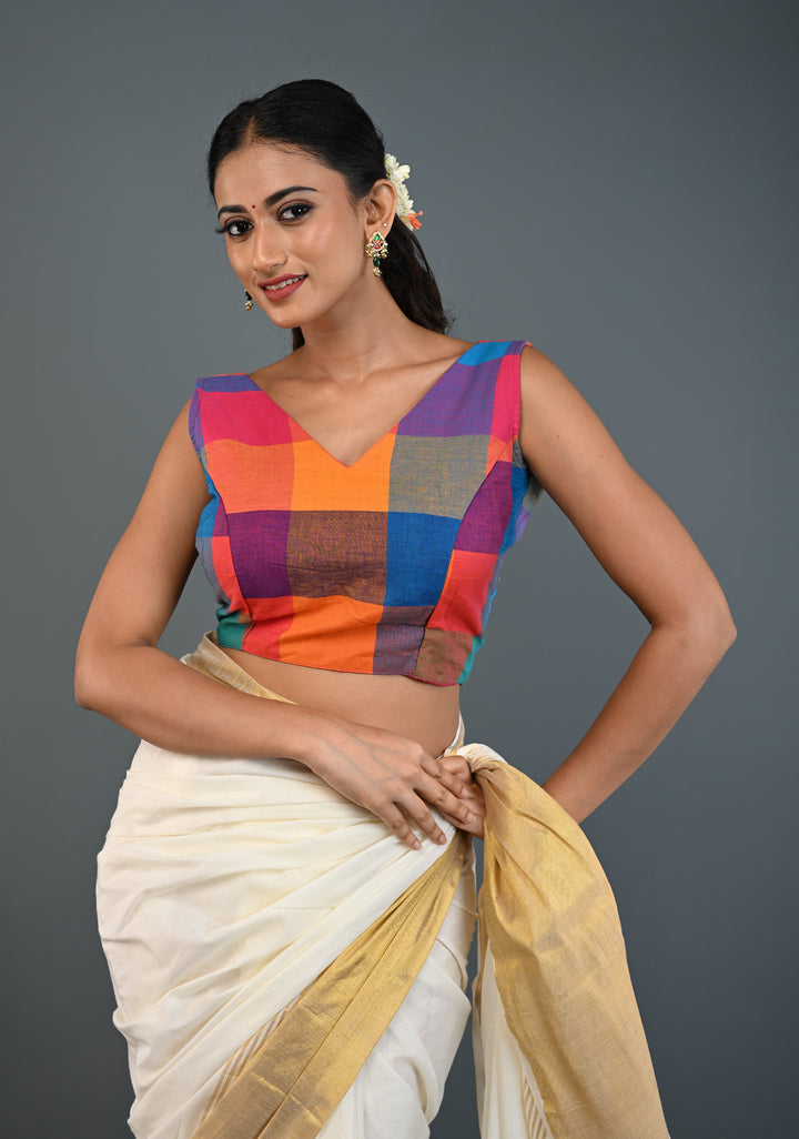 Multicolor Checks Madras Cotton Blouse with V Neck and Back Tassels, Customizable, Made to Order