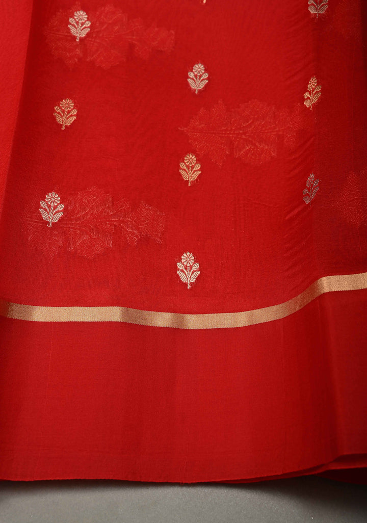 Bright Red Pure Banarasi Kora Silk Saree with Sona Rupa Leheria Design and Minimal Zari Border | SILK MARK CERTIFIED | SHOBITAM