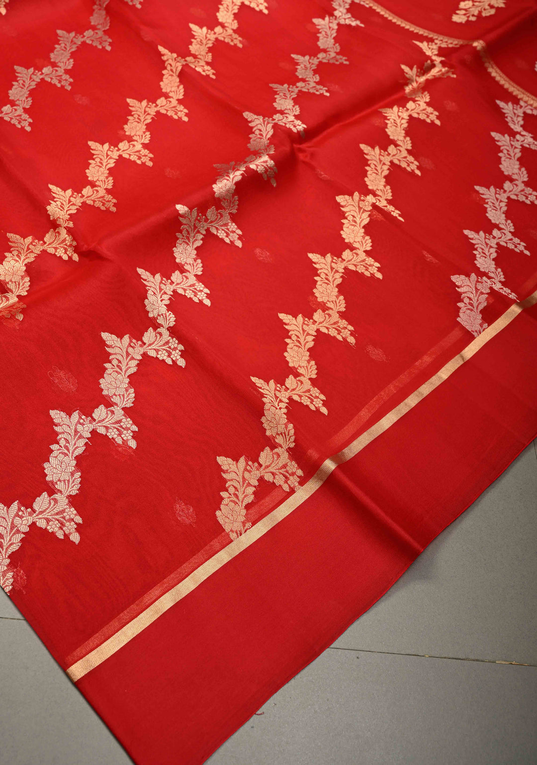 Bright Red Pure Banarasi Kora Silk Saree with Sona Rupa Leheria Design and Minimal Zari Border | SILK MARK CERTIFIED | SHOBITAM