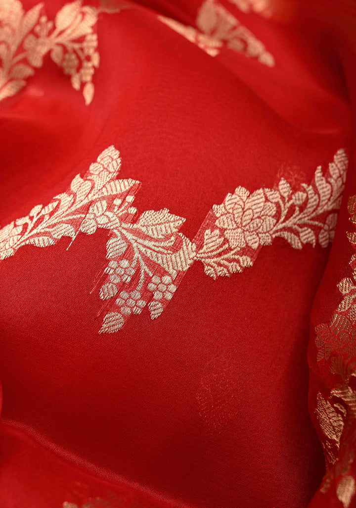 Bright Red Pure Banarasi Kora Silk Saree with Sona Rupa Leheria Design and Minimal Zari Border | SILK MARK CERTIFIED | SHOBITAM