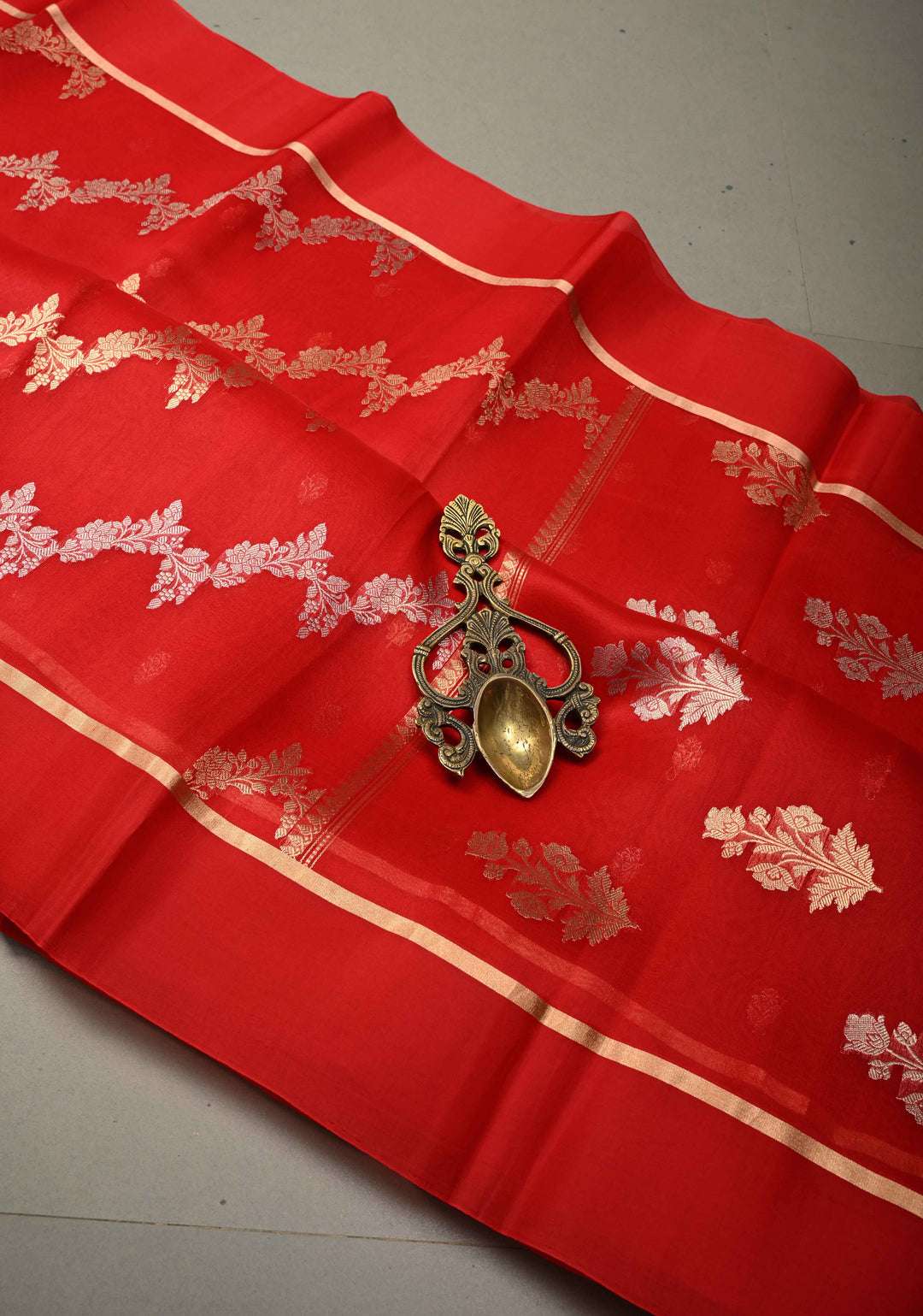 Bright Red Pure Banarasi Kora Silk Saree with Sona Rupa Leheria Design and Minimal Zari Border | SILK MARK CERTIFIED | SHOBITAM