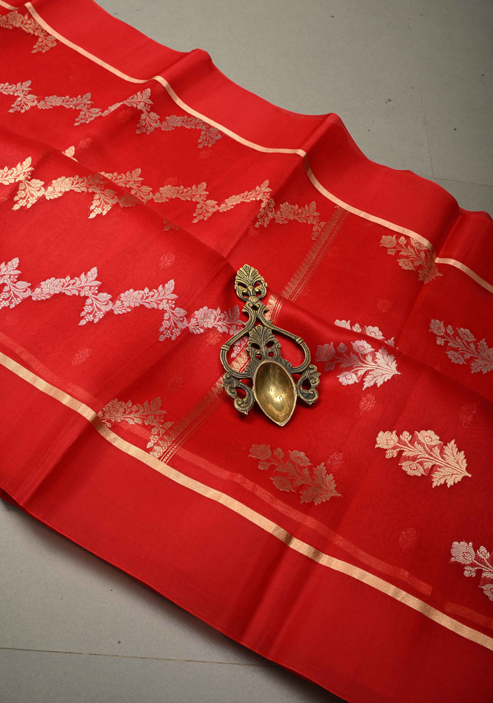 Bright Red Pure Banarasi Kora Silk Saree with Sona Rupa Leheria Design and Minimal Zari Border | SILK MARK CERTIFIED | SHOBITAM