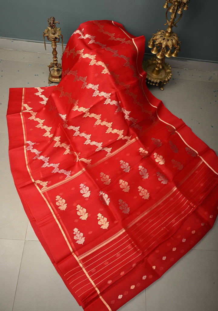 Bright Red Pure Banarasi Kora Silk Saree with Sona Rupa Leheria Design and Minimal Zari Border | SILK MARK CERTIFIED | SHOBITAM