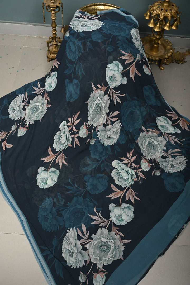 Midnight  Georgette Saree with Blossom Floral Digital Print | SHOBITAM