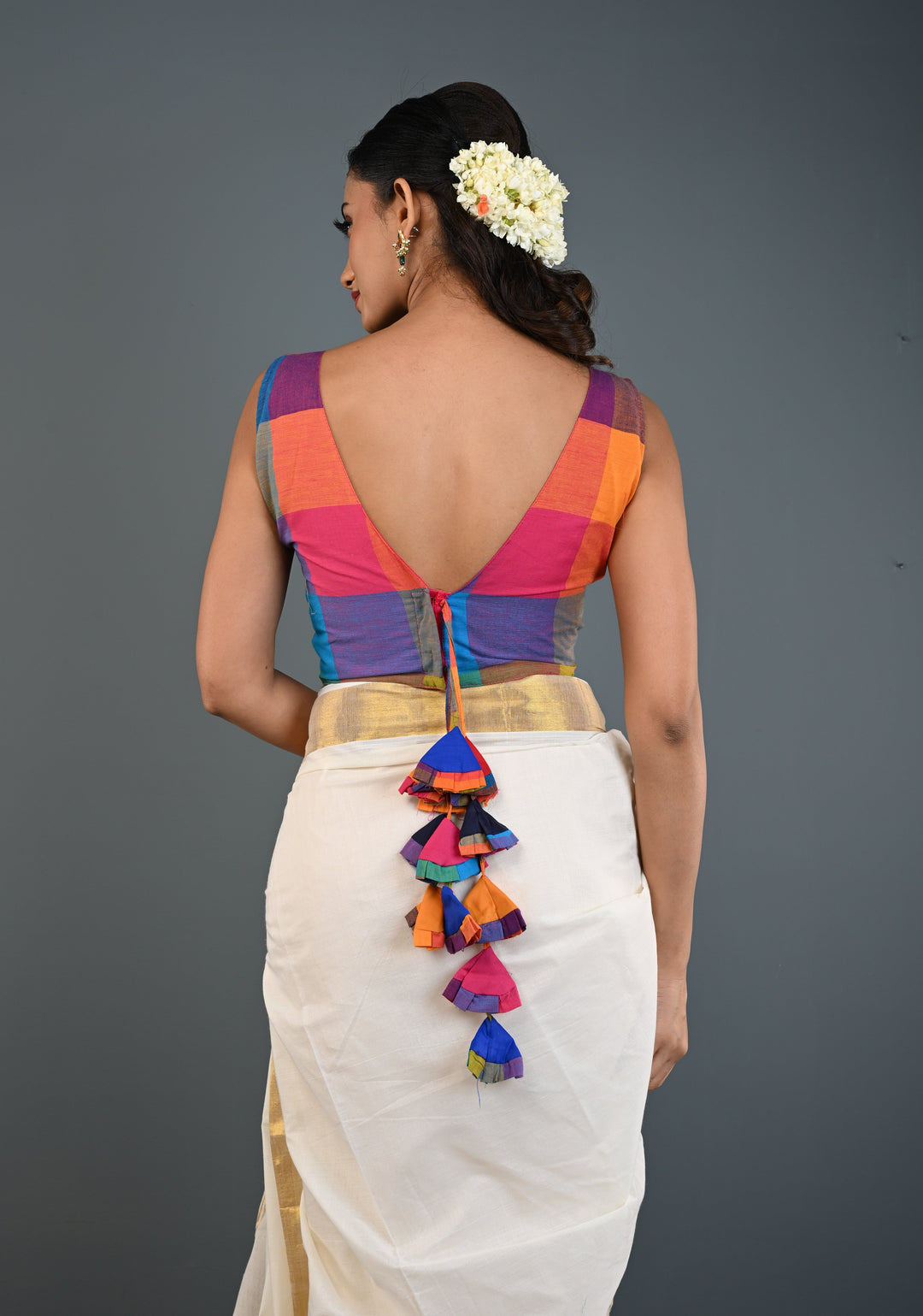 Multicolor Checks Madras Cotton Blouse with V Neck and Back Tassels, Customizable, Made to Order