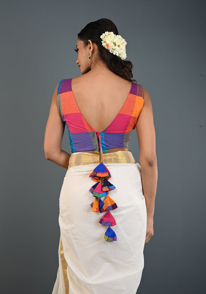 Multicolor Checks Madras Cotton Blouse with V Neck and Back Tassels, Customizable, Made to Order