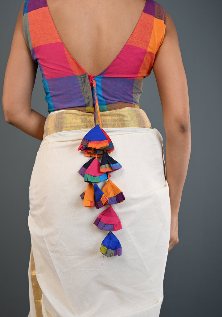 Multicolor Checks Madras Cotton Blouse with V Neck and Back Tassels, Customizable, Made to Order