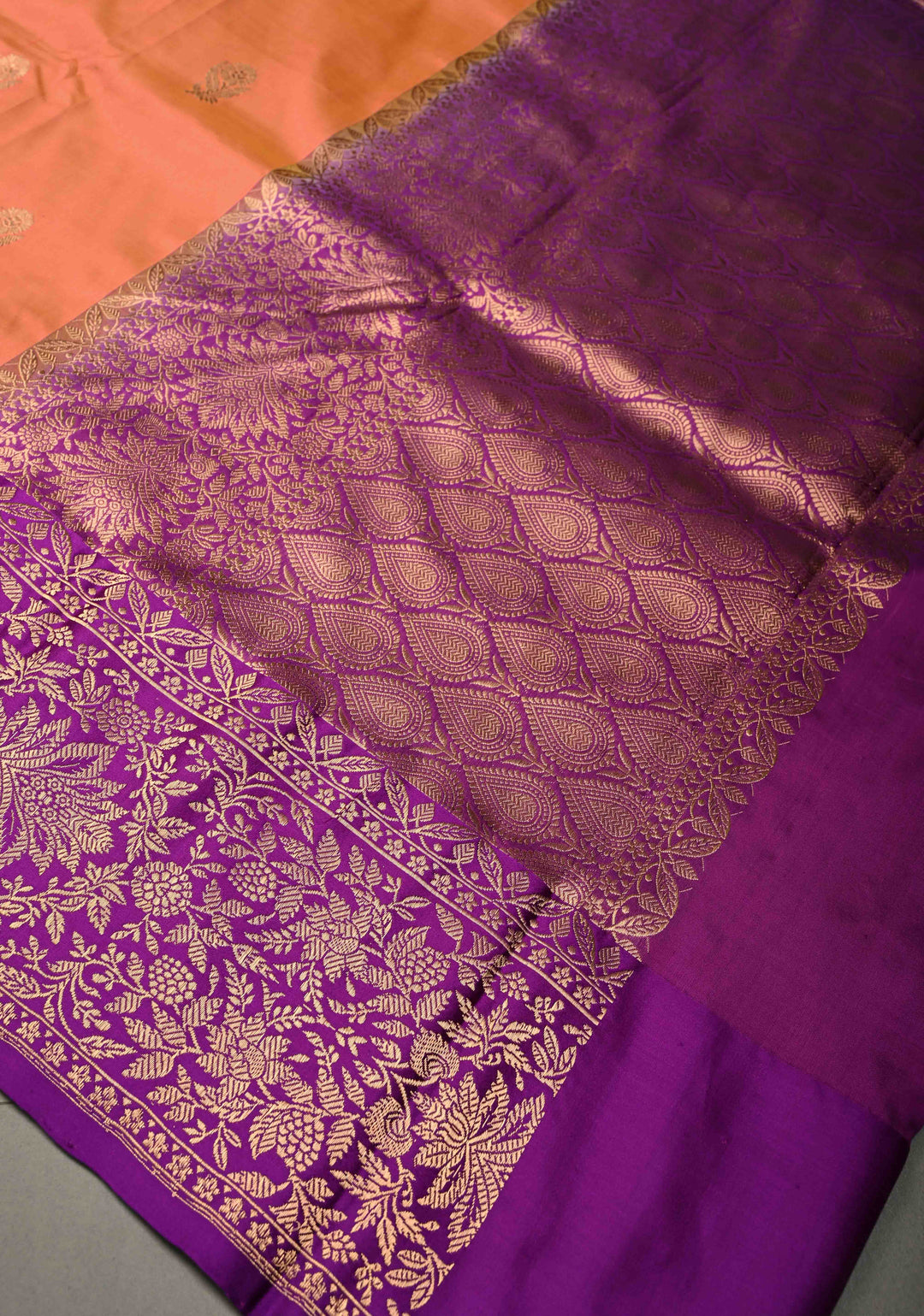 Peach-Pink Dual Tone Banarasi Katan Silk Saree with Floral Zari Buttas and Contrast Zari Border | SILK MARK CERTIFIED | SHOBITAM