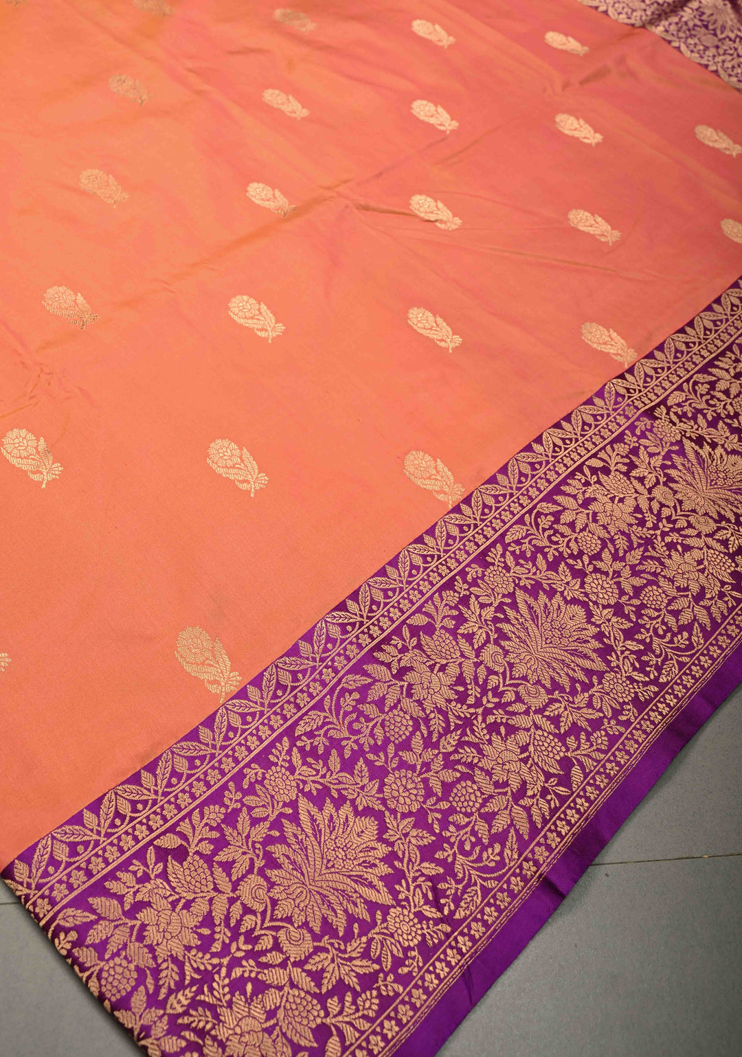 Peach-Pink Dual Tone Banarasi Katan Silk Saree with Floral Zari Buttas and Contrast Zari Border | SILK MARK CERTIFIED | SHOBITAM