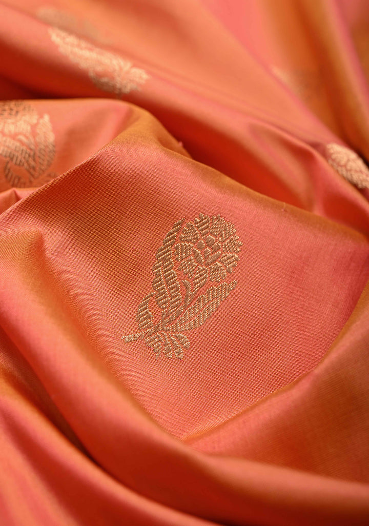Peach-Pink Dual Tone Banarasi Katan Silk Saree with Floral Zari Buttas and Contrast Zari Border | SILK MARK CERTIFIED | SHOBITAM