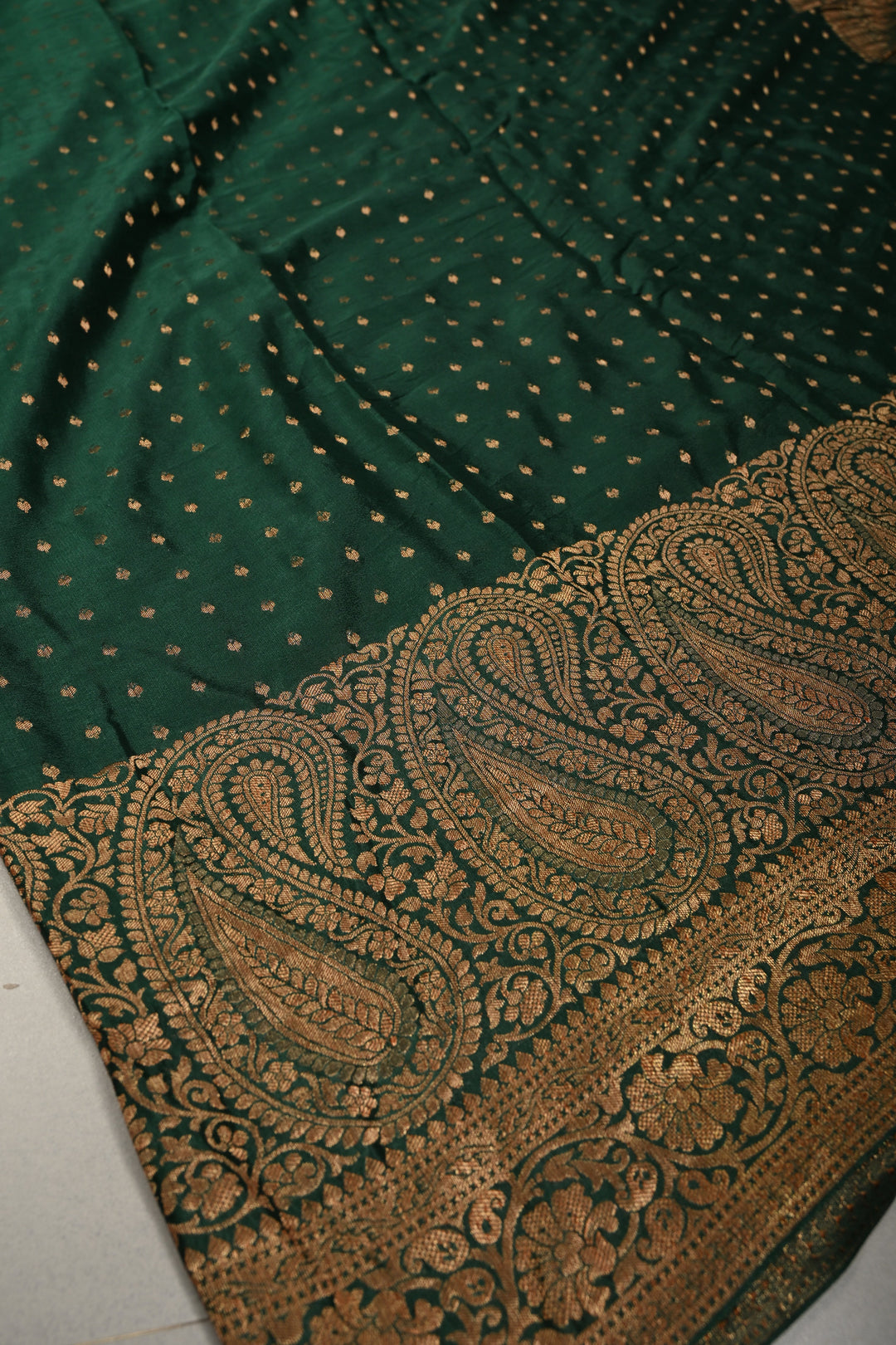 Hunter Green Mysore Silk Saree with Antique Zari Buttis Brocade and Paisley Wide Zari Border | SILK MARK CERTIFIED | SHOBITAM
