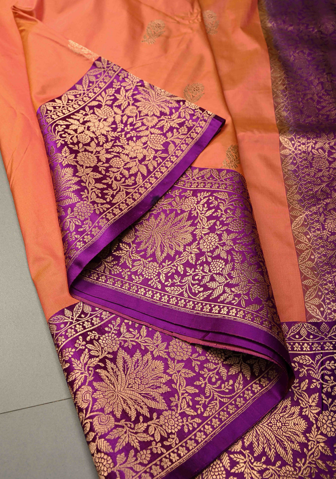 Peach-Pink Dual Tone Banarasi Katan Silk Saree with Floral Zari Buttas and Contrast Zari Border | SILK MARK CERTIFIED | SHOBITAM