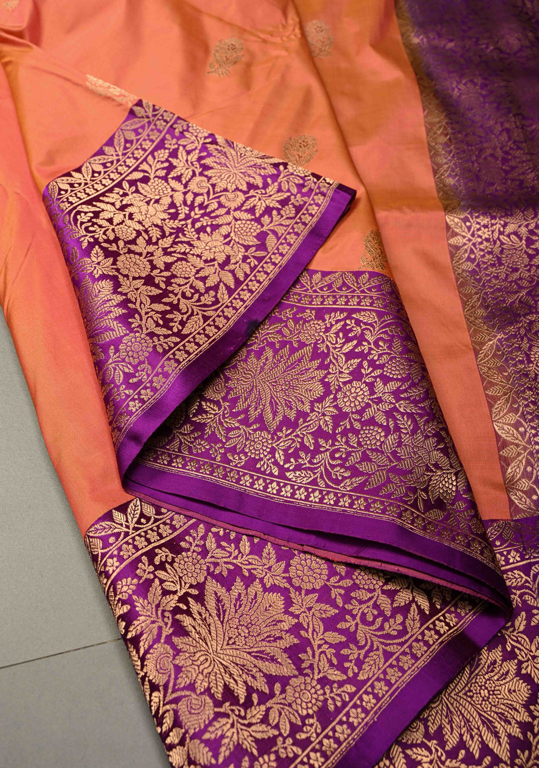 Peach-Pink Dual Tone Banarasi Katan Silk Saree with Floral Zari Buttas and Contrast Zari Border | SILK MARK CERTIFIED | SHOBITAM