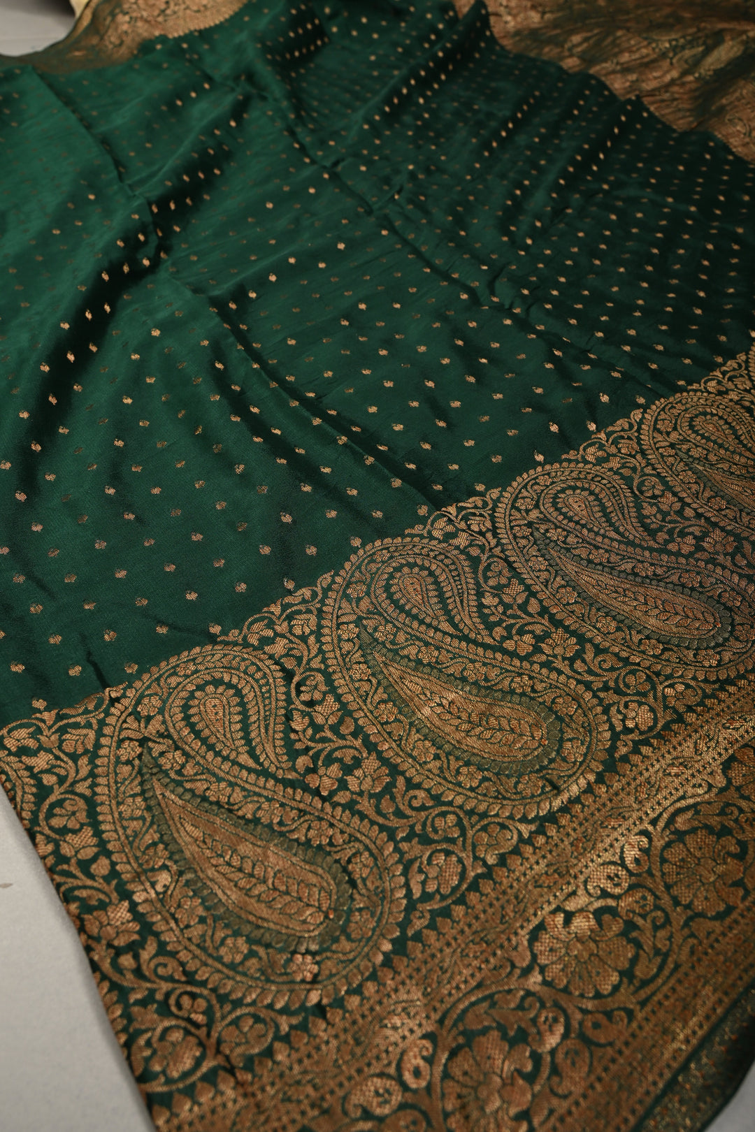 Hunter Green Mysore Silk Saree with Antique Zari Buttis Brocade and Paisley Wide Zari Border | SILK MARK CERTIFIED | SHOBITAM
