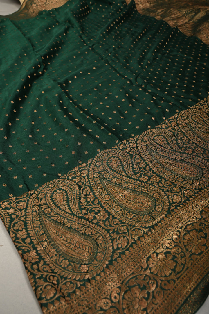 Hunter Green Mysore Silk Saree with Antique Zari Buttis Brocade and Paisley Wide Zari Border | SILK MARK CERTIFIED | SHOBITAM