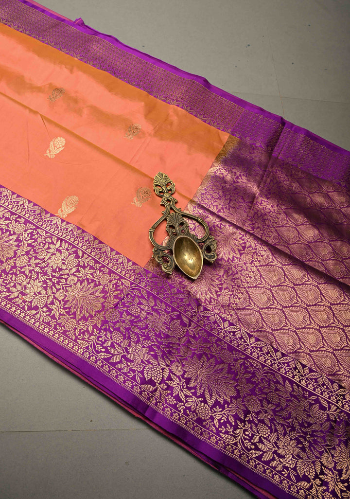 Peach-Pink Dual Tone Banarasi Katan Silk Saree with Floral Zari Buttas and Contrast Zari Border | SILK MARK CERTIFIED | SHOBITAM