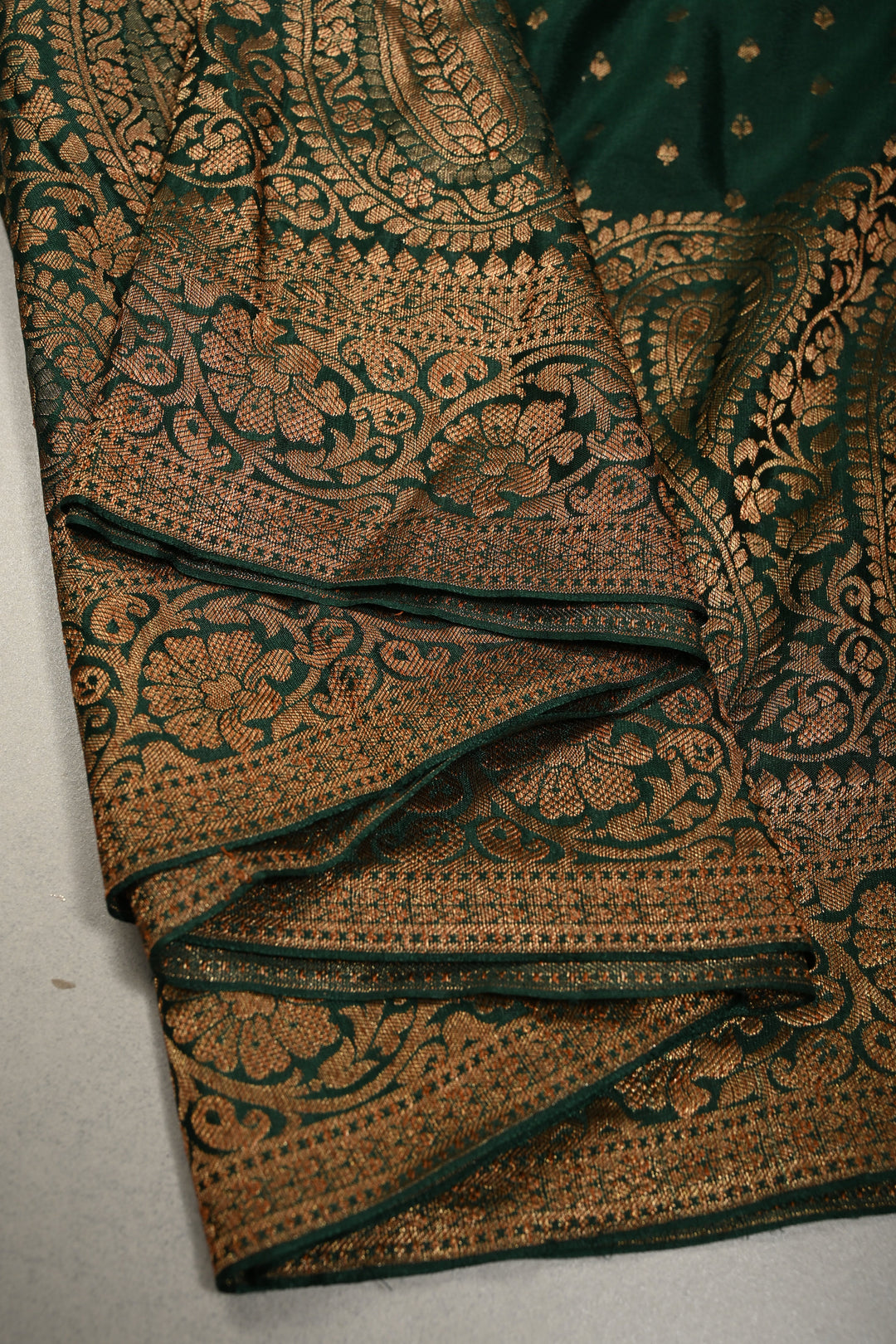 Hunter Green Mysore Silk Saree with Antique Zari Buttis Brocade and Paisley Wide Zari Border | SILK MARK CERTIFIED | SHOBITAM