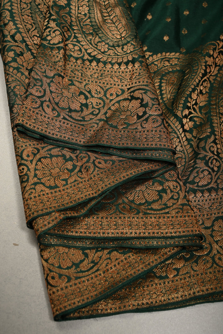 Hunter Green Mysore Silk Saree with Antique Zari Buttis Brocade and Paisley Wide Zari Border | SILK MARK CERTIFIED | SHOBITAM