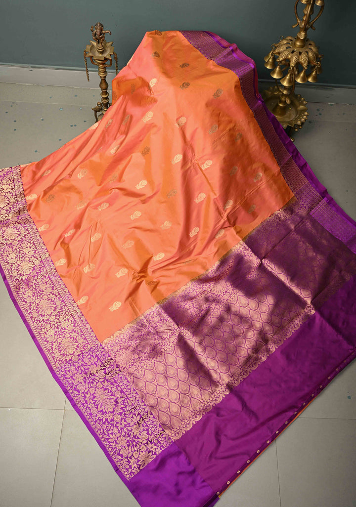 Peach-Pink Dual Tone Banarasi Katan Silk Saree with Floral Zari Buttas and Contrast Zari Border | SILK MARK CERTIFIED | SHOBITAM