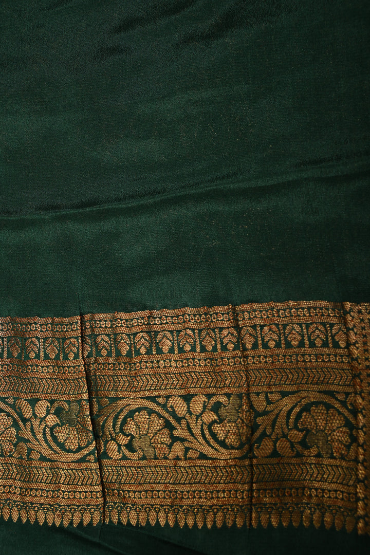 Hunter Green Mysore Silk Saree with Antique Zari Buttis Brocade and Paisley Wide Zari Border | SILK MARK CERTIFIED | SHOBITAM