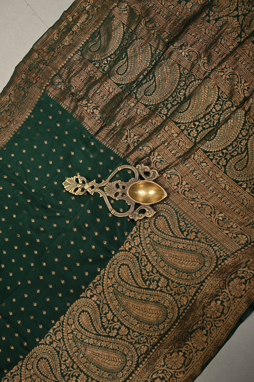 Hunter Green Mysore Silk Saree with Antique Zari Buttis Brocade and Paisley Wide Zari Border | SILK MARK CERTIFIED | SHOBITAM