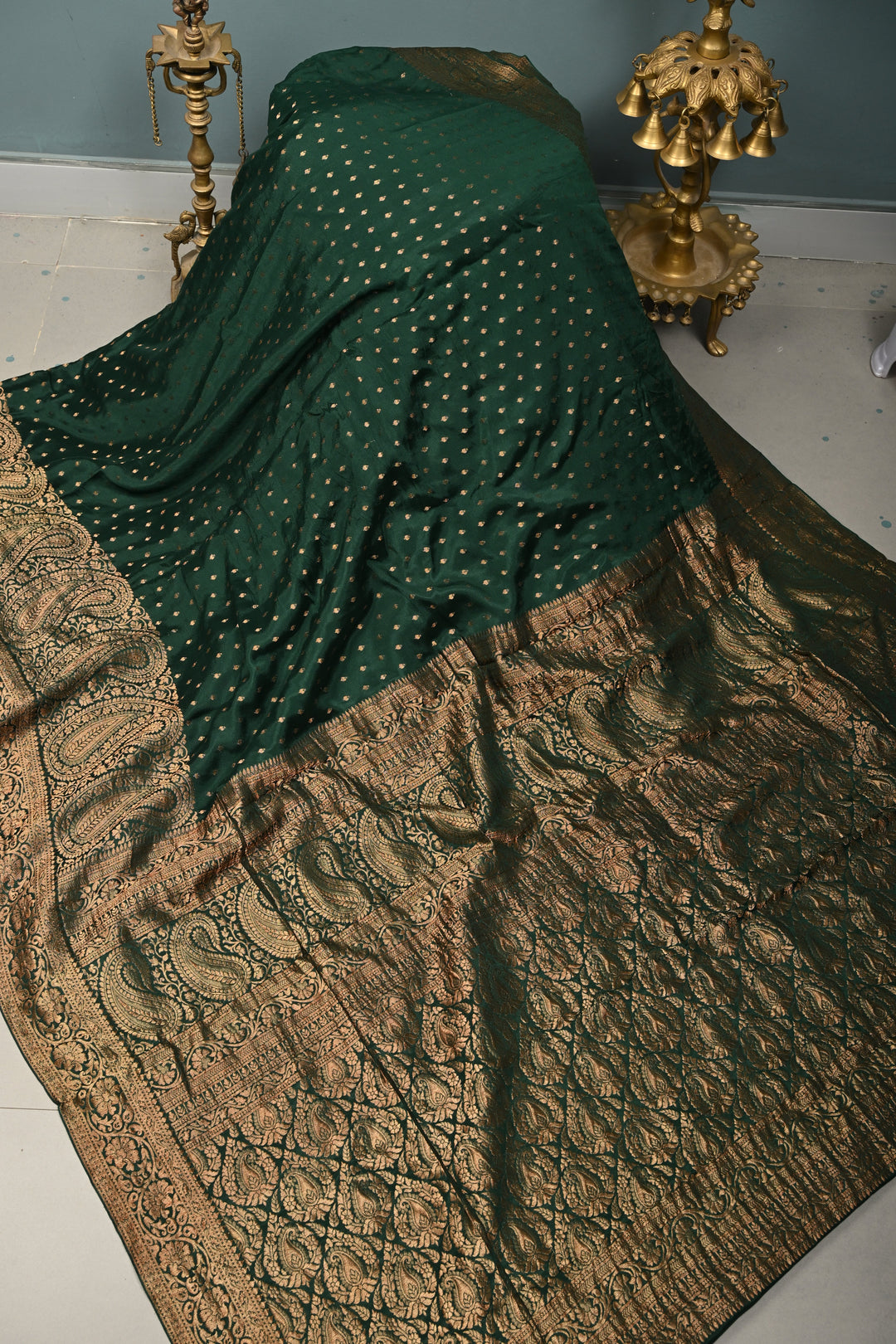 Hunter Green Mysore Silk Saree with Antique Zari Buttis Brocade and Paisley Wide Zari Border | SILK MARK CERTIFIED | SHOBITAM