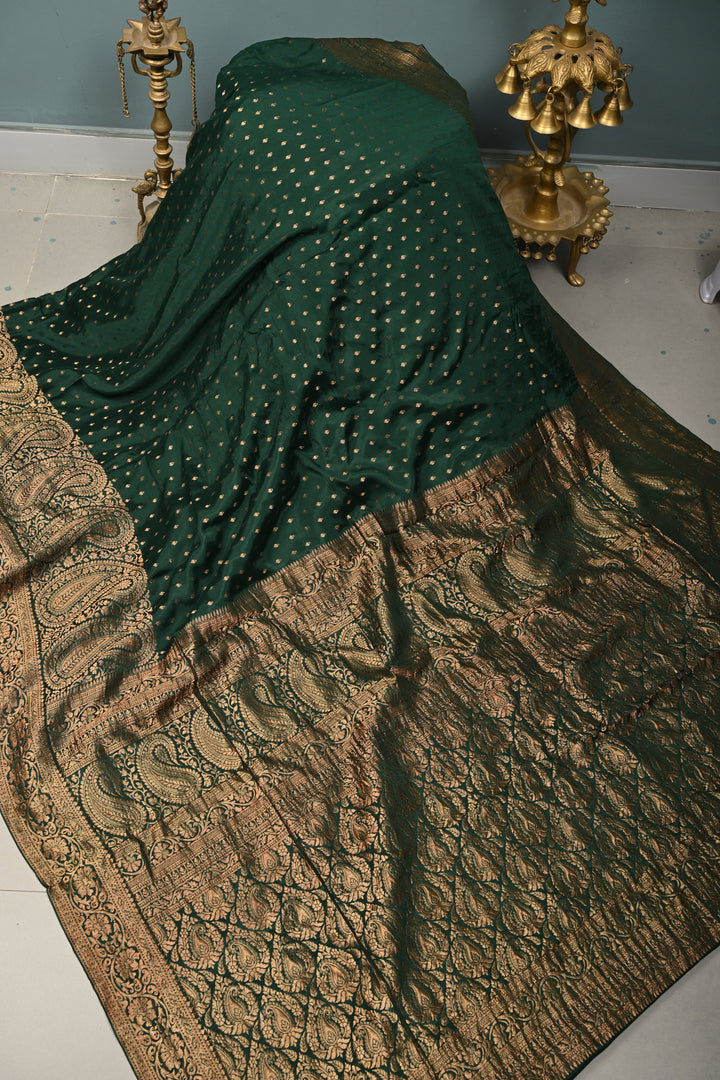 Hunter Green Mysore Silk Saree with Antique Zari Buttis Brocade and Paisley Wide Zari Border | SILK MARK CERTIFIED | SHOBITAM