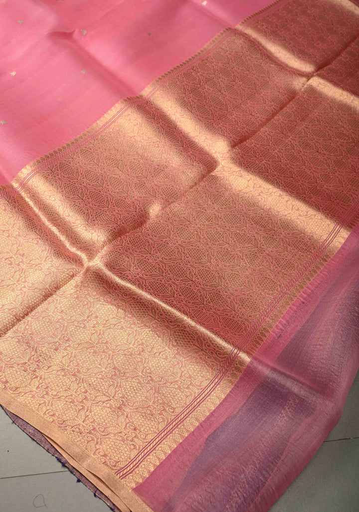 Dusty Pink Floral Zari Buttis on Pure Banarasi Kora Silk Saree with Mandala Design and Minimal Zari Border | SILK MARK CERTIFIED | SHOBITAM