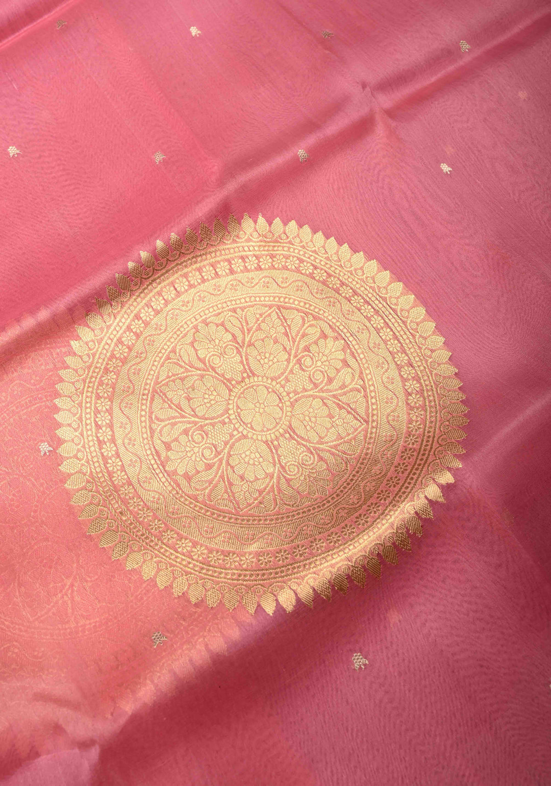 Dusty Pink Floral Zari Buttis on Pure Banarasi Kora Silk Saree with Mandala Design and Minimal Zari Border | SILK MARK CERTIFIED | SHOBITAM