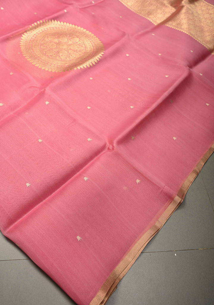 Dusty Pink Floral Zari Buttis on Pure Banarasi Kora Silk Saree with Mandala Design and Minimal Zari Border | SILK MARK CERTIFIED | SHOBITAM