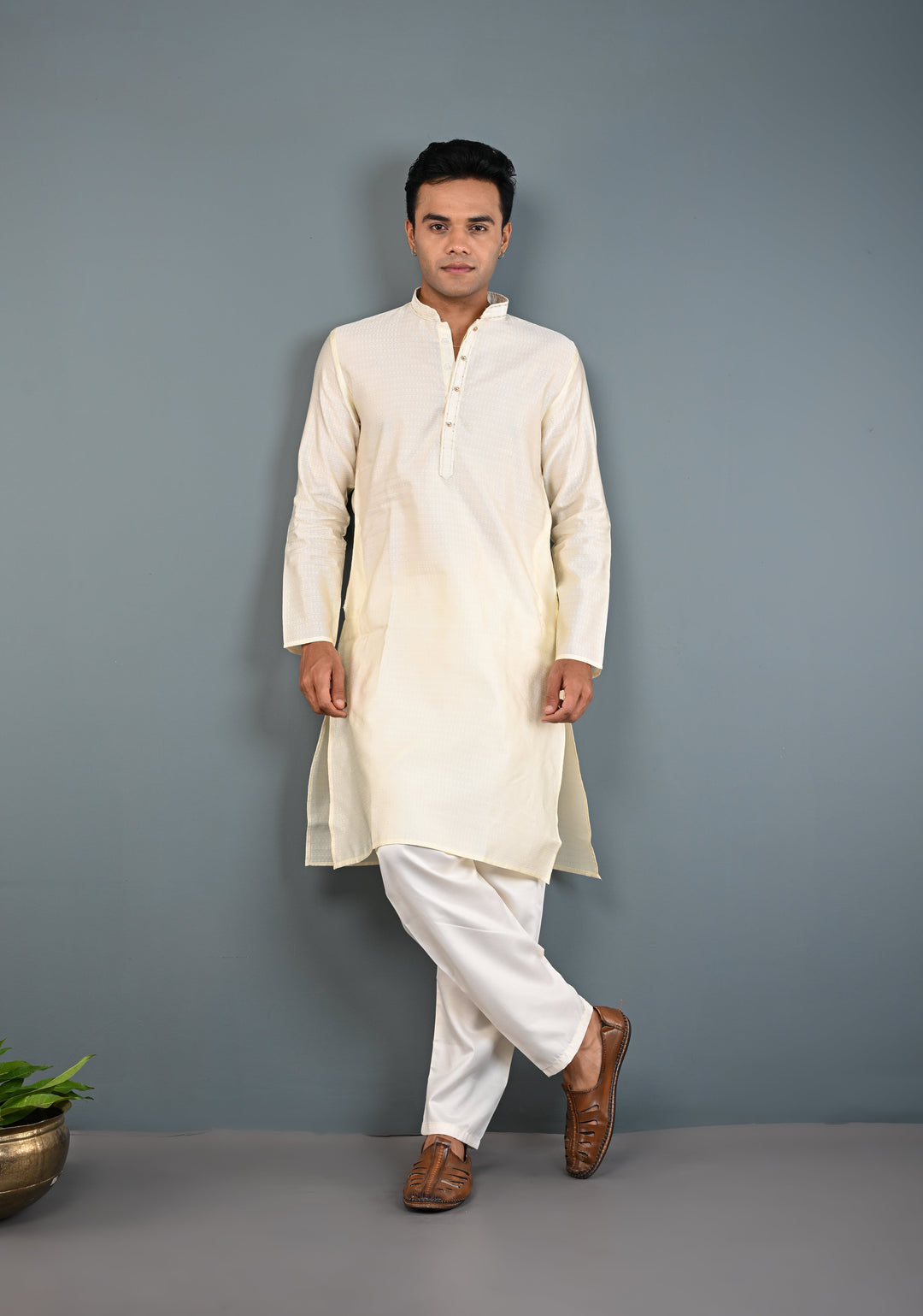 Off White Kurta with Brocade and Pajama Set for Men | Made to Order