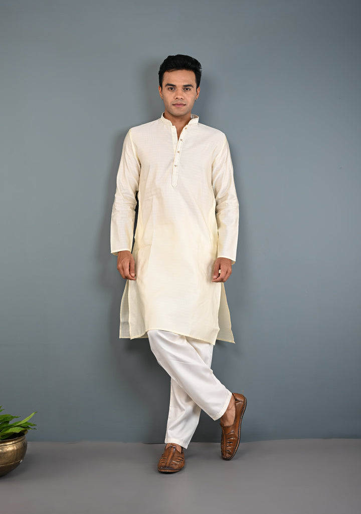 Off White Kurta with Brocade and Pajama Set for Men | Made to Order
