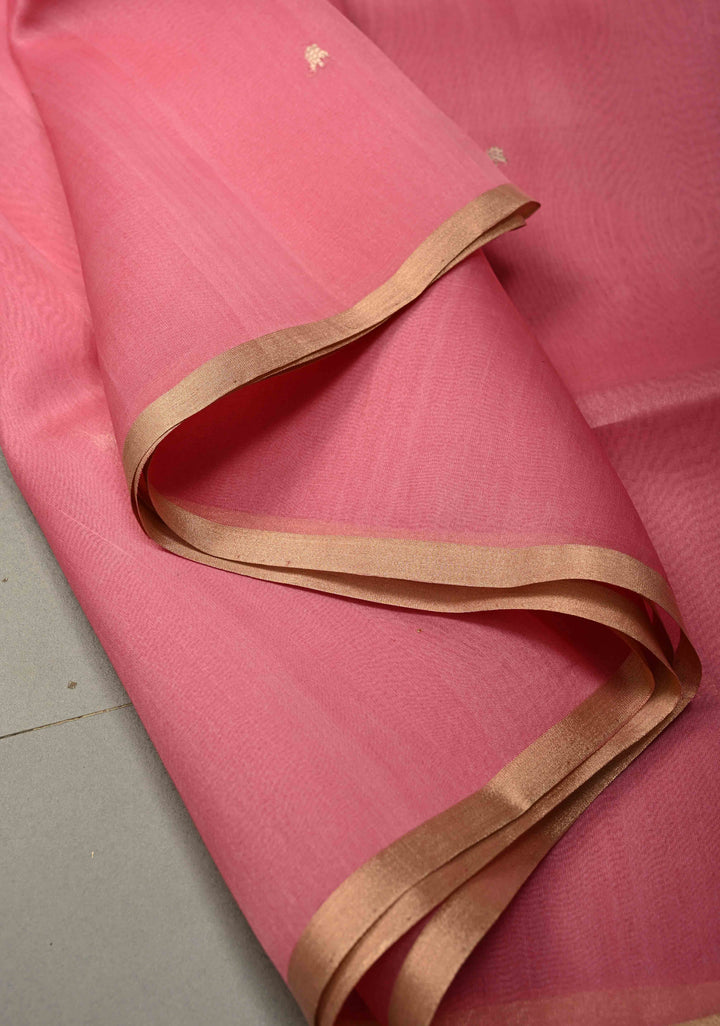 Dusty Pink Floral Zari Buttis on Pure Banarasi Kora Silk Saree with Mandala Design and Minimal Zari Border | SILK MARK CERTIFIED | SHOBITAM