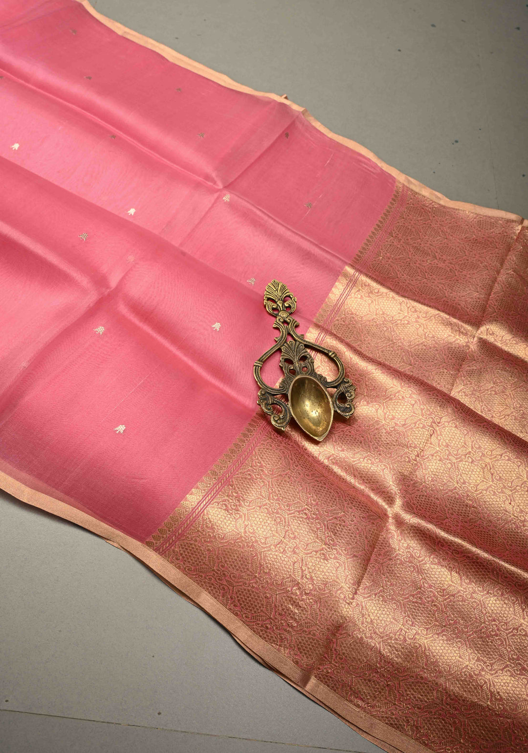 Dusty Pink Floral Zari Buttis on Pure Banarasi Kora Silk Saree with Mandala Design and Minimal Zari Border | SILK MARK CERTIFIED | SHOBITAM