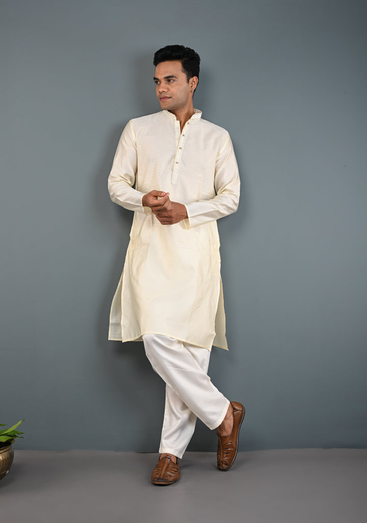 Off White Kurta with Brocade and Pajama Set for Men | Made to Order