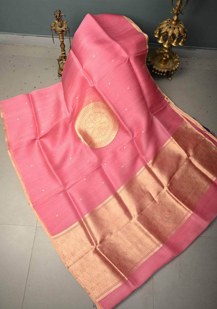 Dusty Pink Floral Zari Buttis on Pure Banarasi Kora Silk Saree with Mandala Design and Minimal Zari Border | SILK MARK CERTIFIED | SHOBITAM