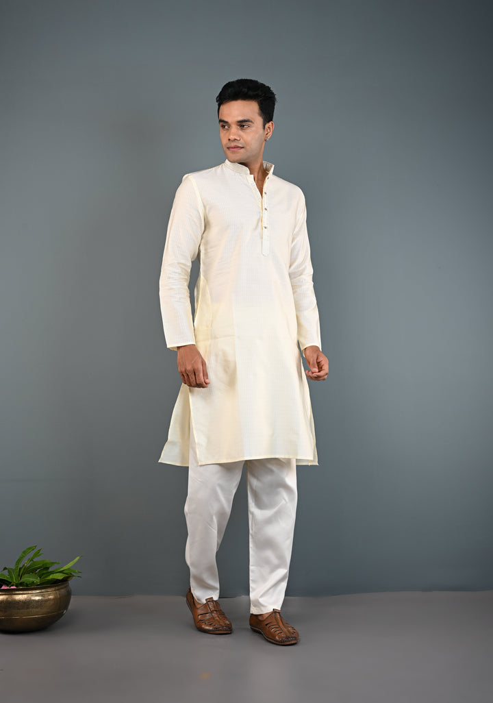 Off White Kurta with Brocade and Pajama Set for Men | Made to Order