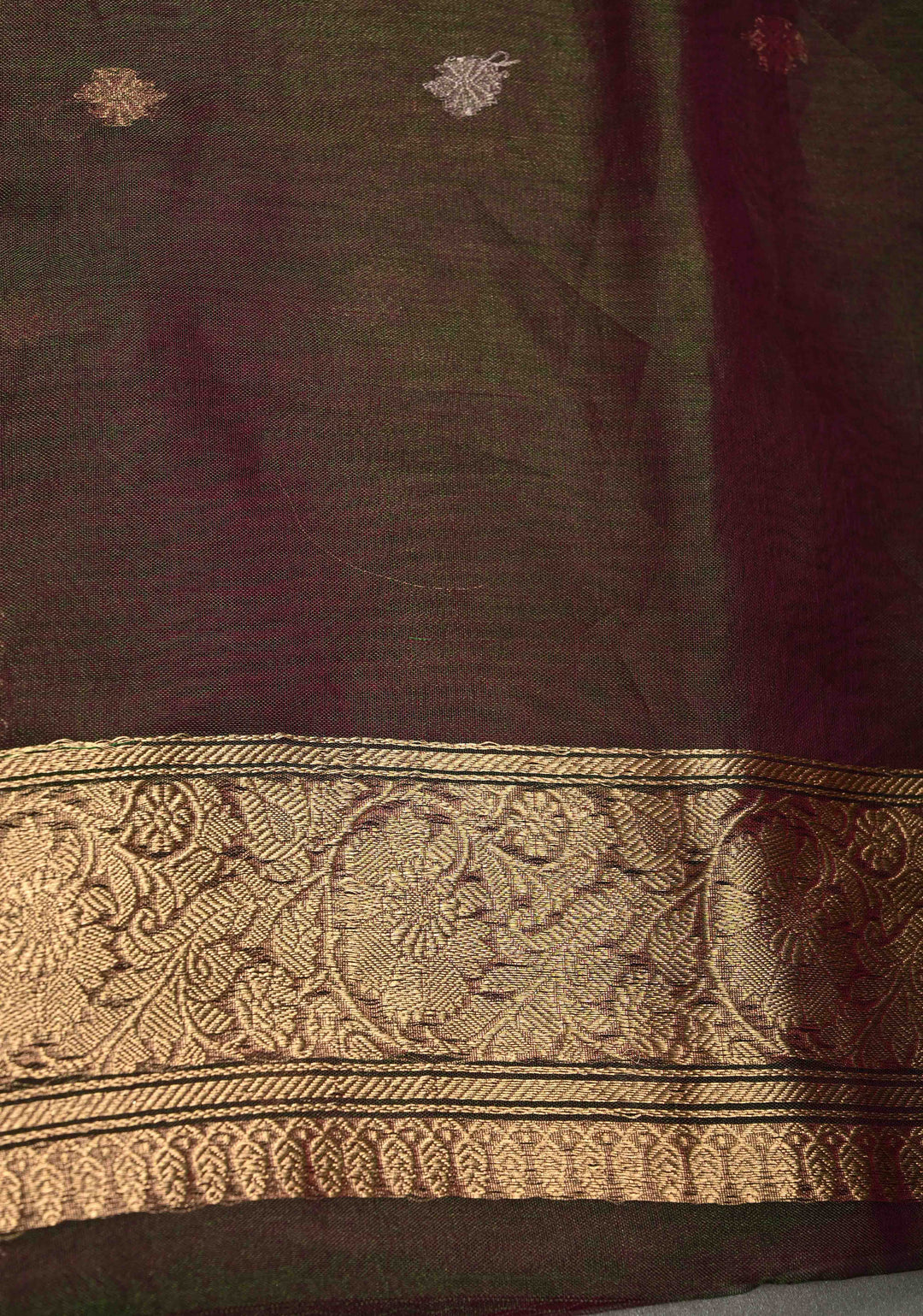 Purple-Green Dual tone Organza Tissue Silk Saree with Sona Rupa Zari Buttas and Fancy Lace Trim Border | SILK MARK CERTIFIED | SHOBITAM