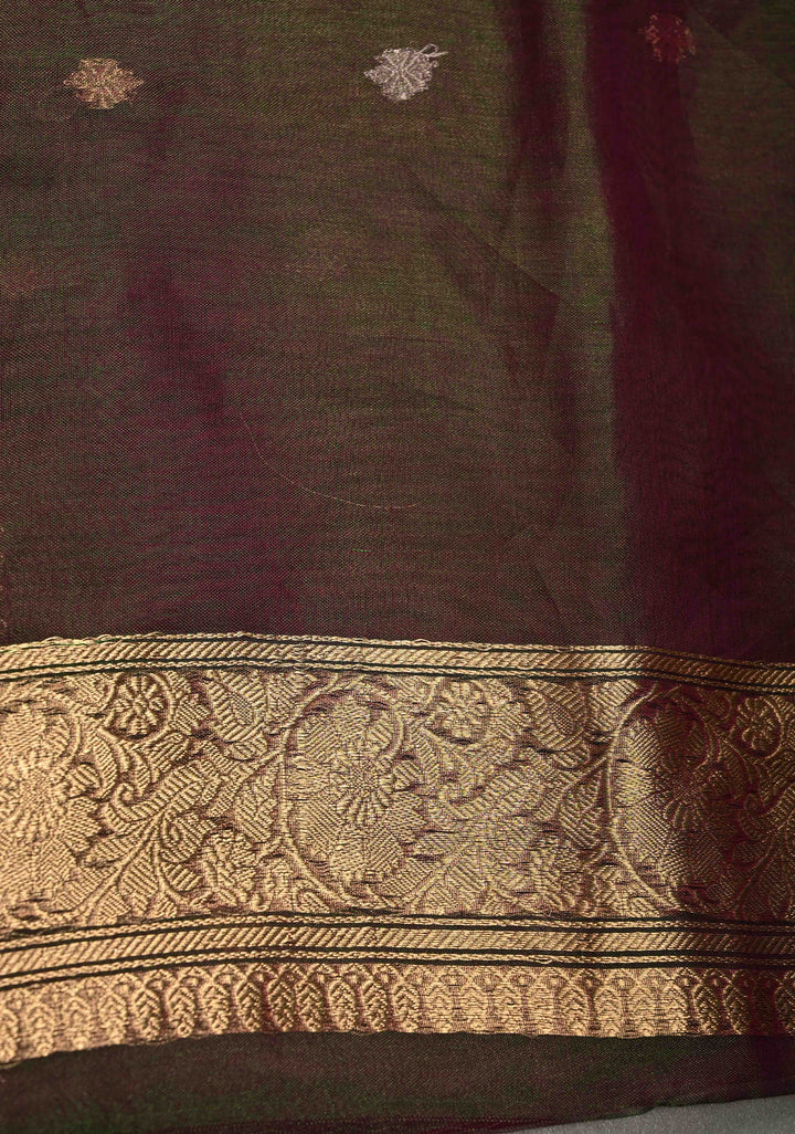 Purple-Green Dual tone Organza Tissue Silk Saree with Sona Rupa Zari Buttas and Fancy Lace Trim Border | SILK MARK CERTIFIED | SHOBITAM