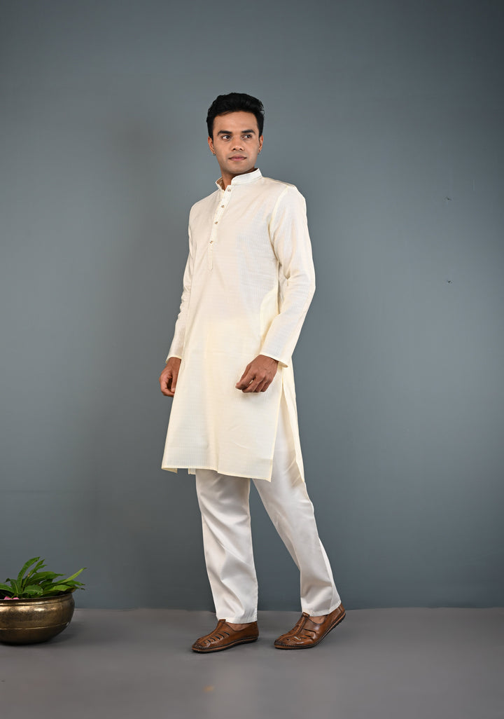 Off White Kurta with Brocade and Pajama Set for Men | Made to Order