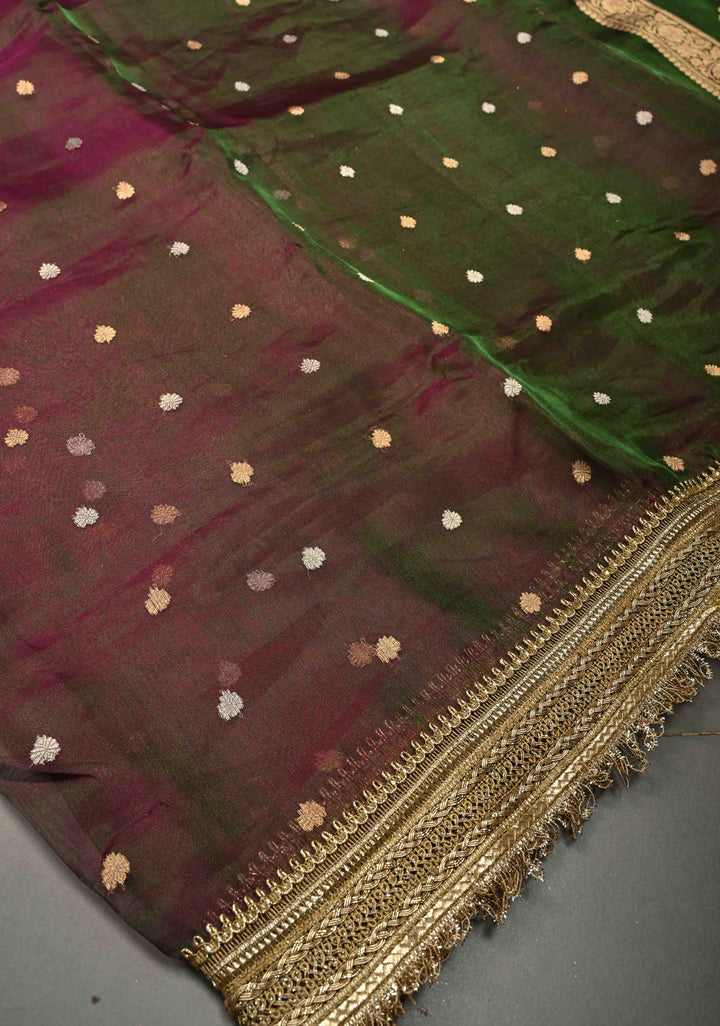 Purple-Green Dual tone Organza Tissue Silk Saree with Sona Rupa Zari Buttas and Fancy Lace Trim Border | SILK MARK CERTIFIED | SHOBITAM