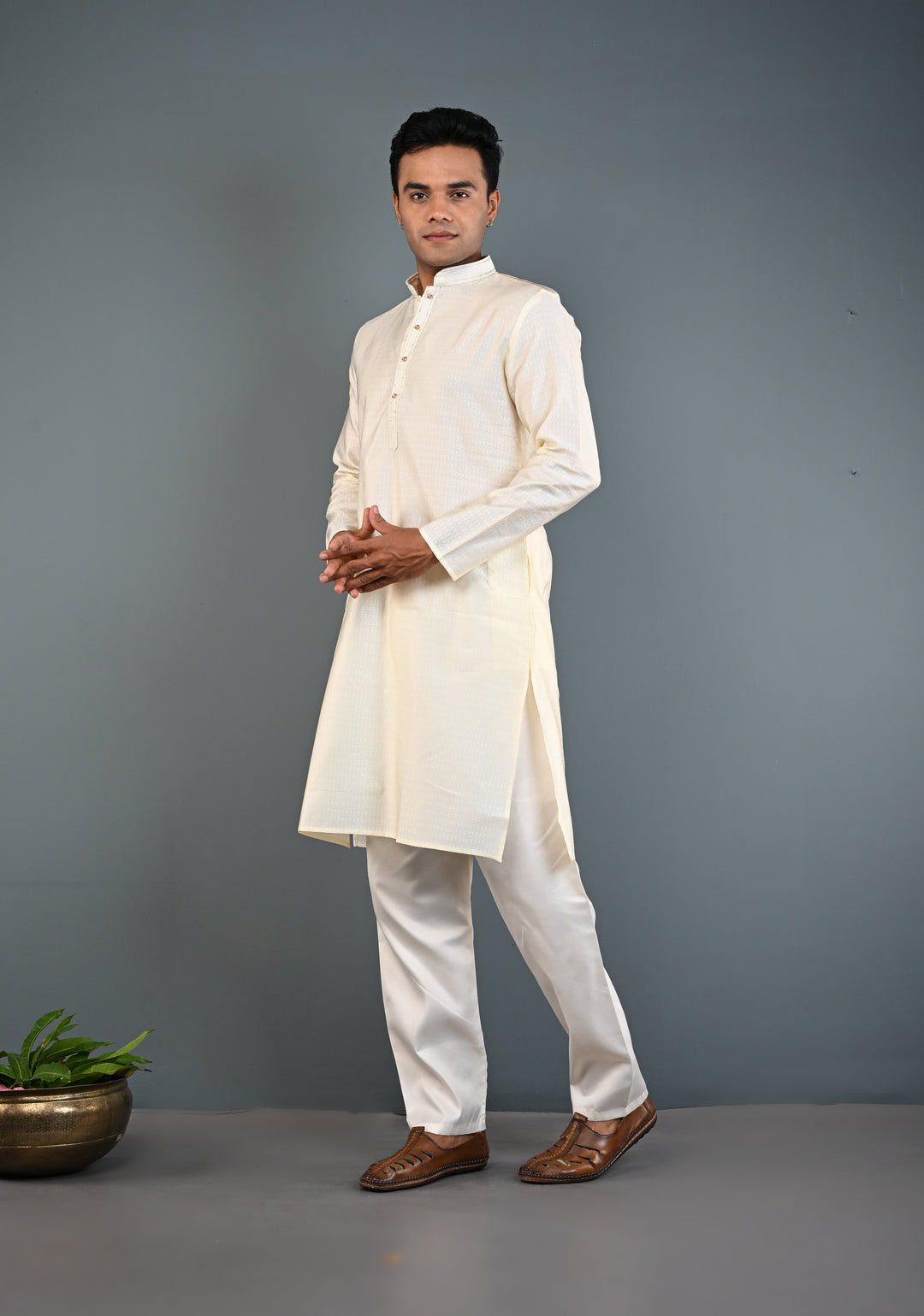 Off White Kurta with Brocade and Pajama Set for Men | Made to Order