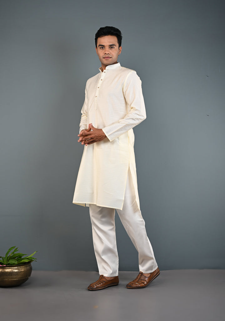 Off White Kurta with Brocade and Pajama Set for Men | Made to Order
