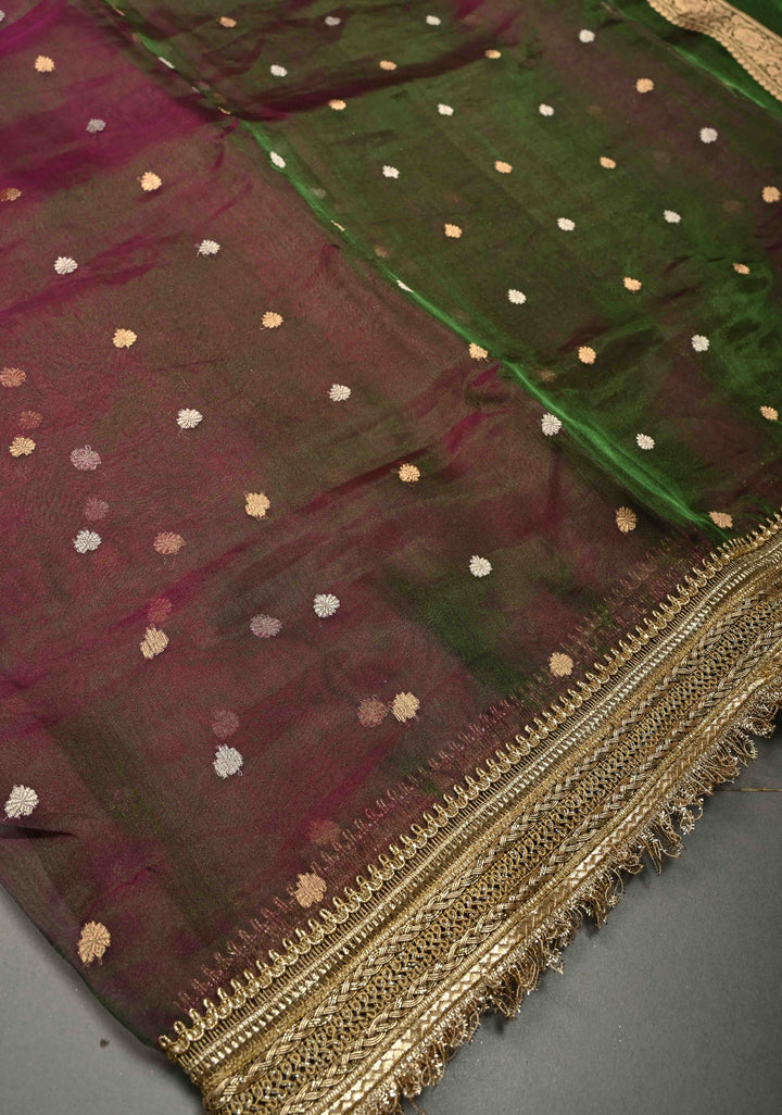 Purple-Green Dual tone Organza Tissue Silk Saree with Sona Rupa Zari Buttas and Fancy Lace Trim Border | SILK MARK CERTIFIED | SHOBITAM