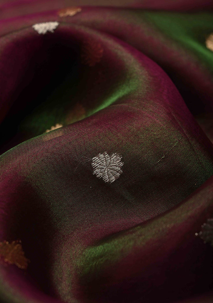 Purple-Green Dual tone Organza Tissue Silk Saree with Sona Rupa Zari Buttas and Fancy Lace Trim Border | SILK MARK CERTIFIED | SHOBITAM