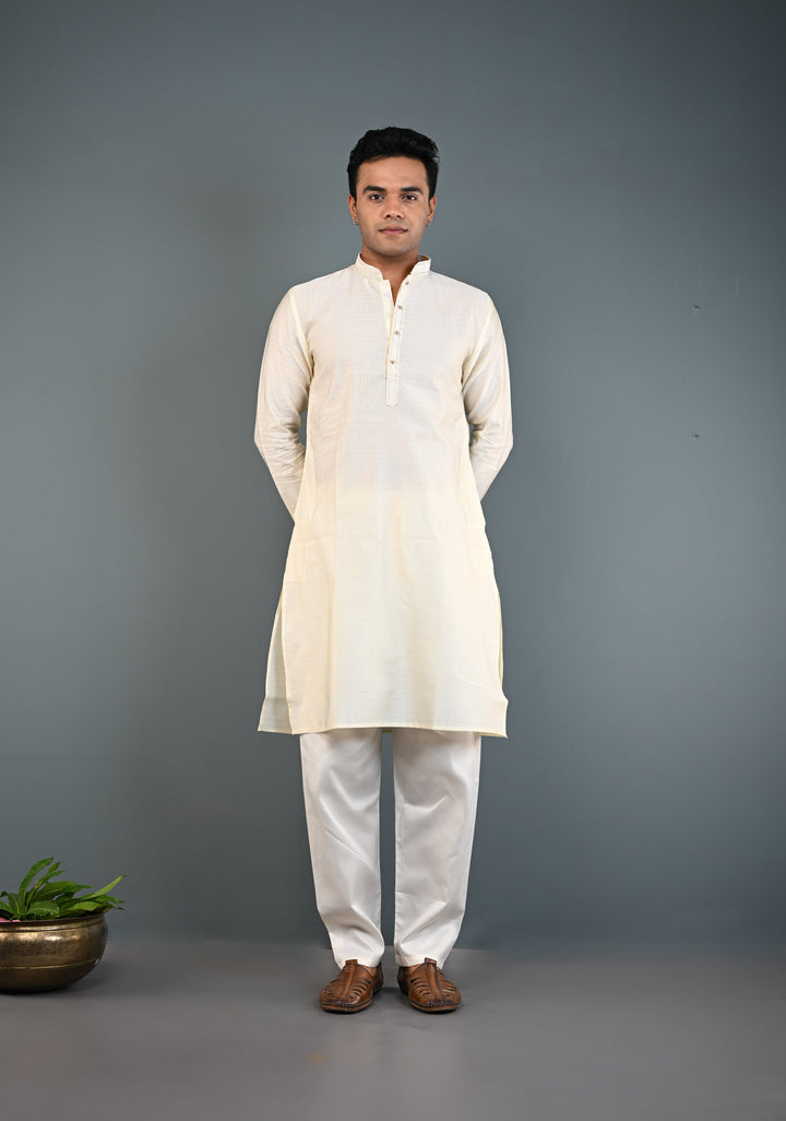 Off White Kurta with Brocade and Pajama Set for Men | Made to Order