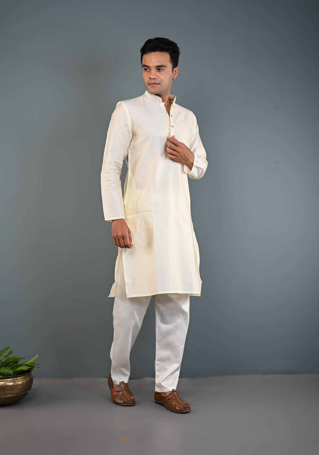 Off White Kurta with Brocade and Pajama Set for Men | Made to Order